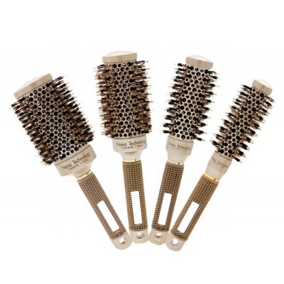 Gold Fancy Nano Thermal Ceramic Ionic Boar Bristle Round Wave Brush for Hair Styling and Curling